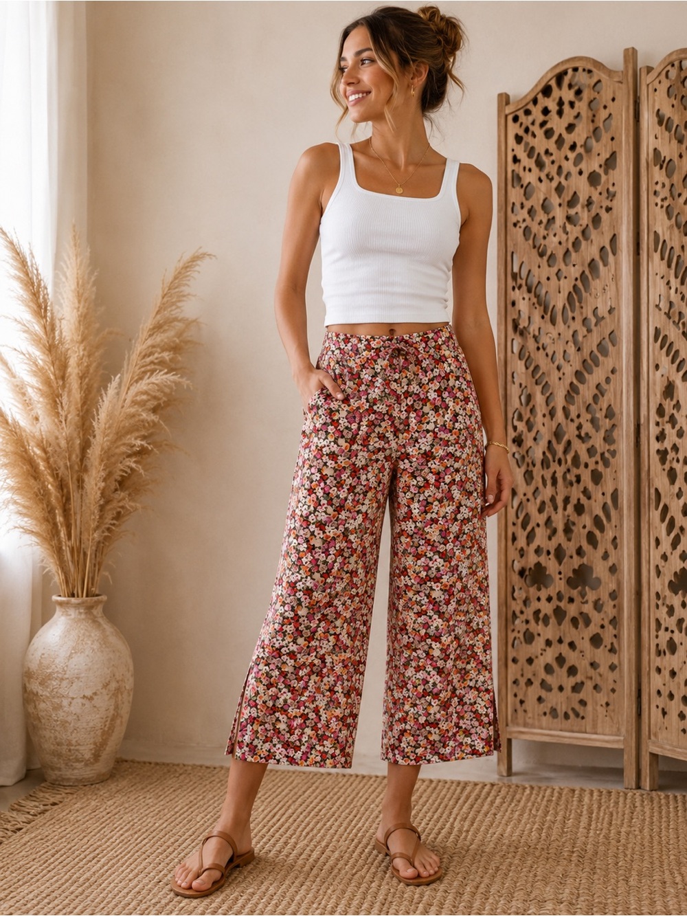 MNG Floral Wide Leg Pants | XS (Fits Small) Clasp + Zipper Closure